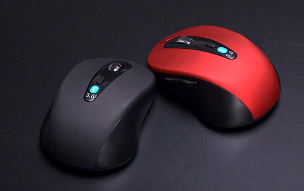 Black and red wireless Bluetooth mouse on a dark surface showcasing ergonomic design and customizable settings.