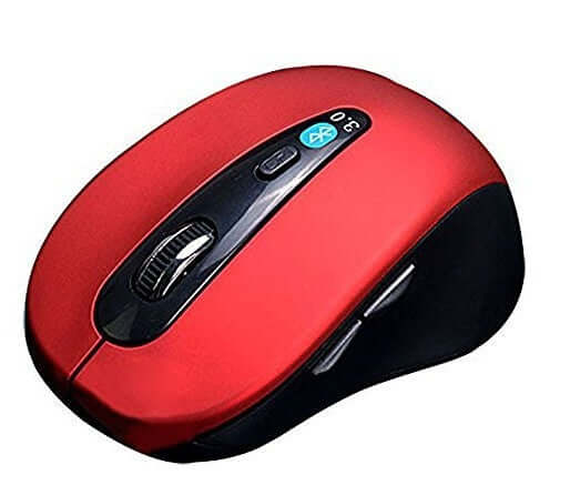 Red wireless Bluetooth mouse with ergonomic design and adjustable sensitivity settings.