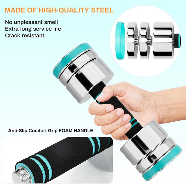 Steel Dumbbells Ultracompact & Adjustable Chrome Dumbbell with Foam Handles 5lb 10lb 15lb 20lb 30lb Home Gym Workout (Choice)