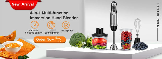BioloMix 1200W 5-in-1 Immersion Hand Stick Blender Mixer Vegetable Meat Grinder 800ml Chopper Whisk 600ml Smoothie Cup