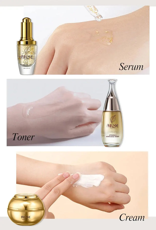 AILKE 24K Collagen Facial Whitening Set, Reduce Black Spots, Freckles, Brightening, Moisturizing Beauty Set For All Skin Types