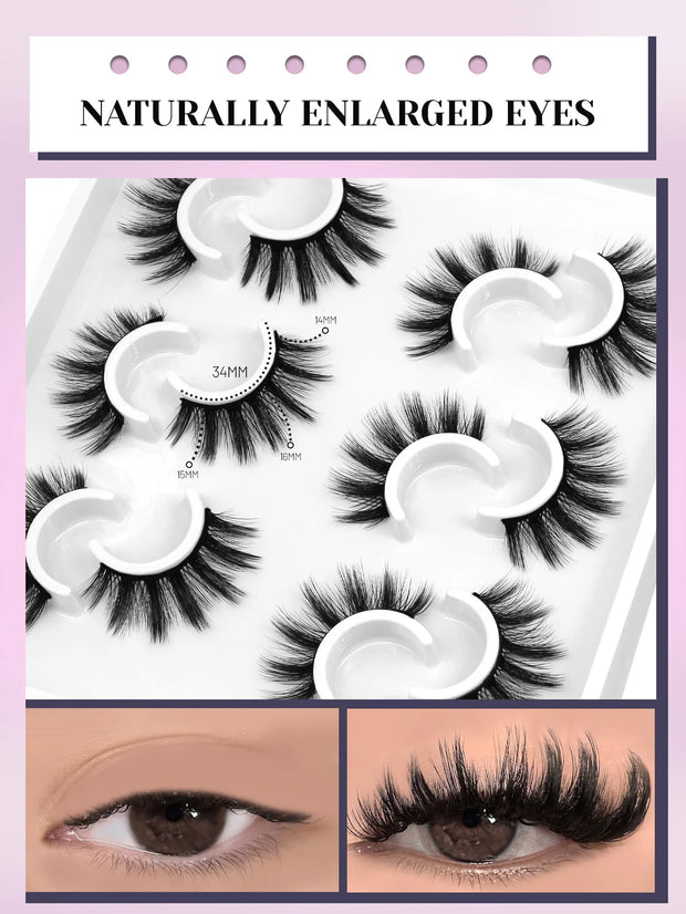 GROINNEYA 3D Natural False Lashes Cat Eye Eyelashes Fluffy Soft Cross 6 Pairs Manga Lashes Wispy Natural Eyelash Extension
