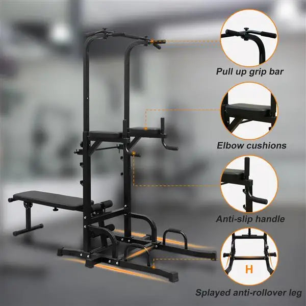 Power Tower Parallel Bar Station with Bench Pull-Up Bar Holder, Adjustable Height, Multifunctional Fitness Training Equipment