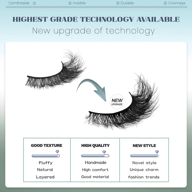 GROINNEYA Fake Lashes Fluffy Cat Eye Lashes 8D Fluffy Volume False Eyelashes D Curl Dramatic Thick Full Strip Faux Mink Lashes