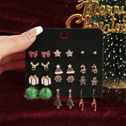 12/20 Pair Christmas Earring Set For Women Shiny Crystal Zircon Snowflake Elk Bowknot Elk Xmas Tree Earring Girl New Year Gifts