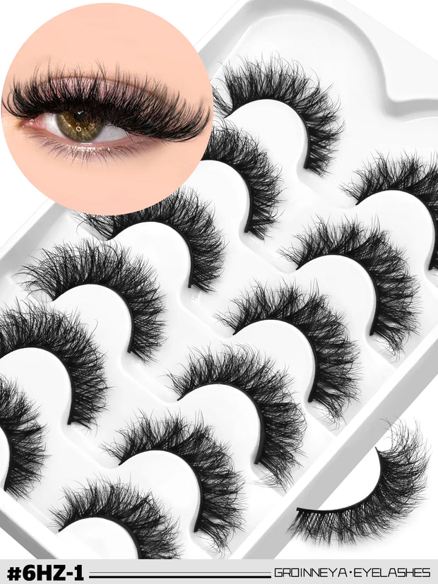 GROINNEYA 3D Mink Lashes Cat Eyelashes Fluffy Wispy Volume Lashes Natural Feathery Effect Lightweight Flexible Band Fake Lashes