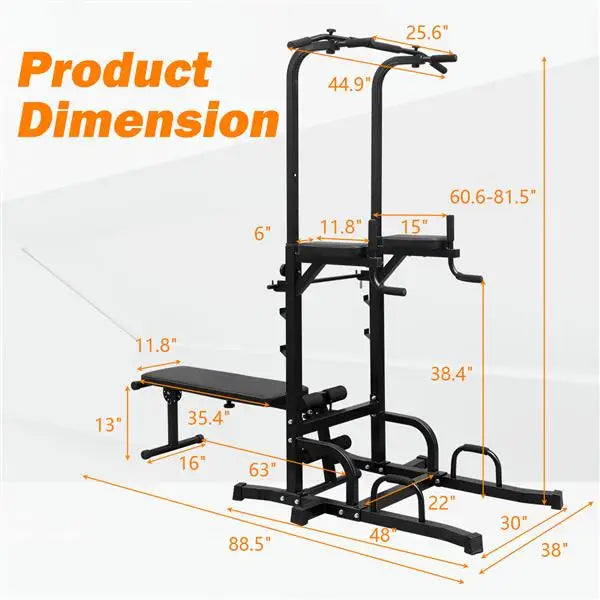 Power Tower Parallel Bar Station with Bench Pull-Up Bar Holder, Adjustable Height, Multifunctional Fitness Training Equipment