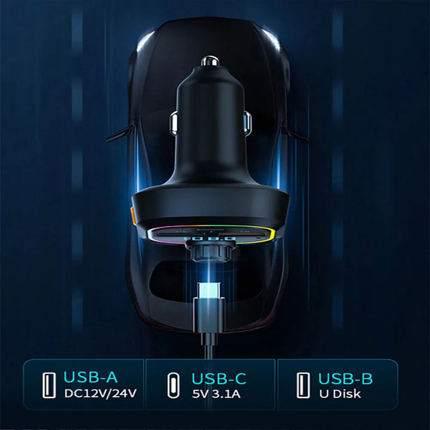 Car Charger Bluetooth 5.0 FM Transmitter PD Type-C Dual USB Ambient Player MP3 Charger Type-C Wireless Light Handsfree