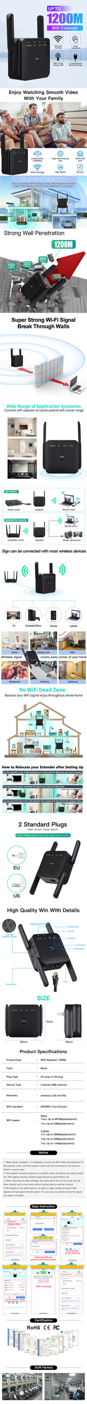 FENVI 5Ghz 1200Mbps WiFi Repeater Router WiFi Extender Amplifier Dual-Band 2.4G/5GHz Long Range Network Wi-Fi Signal Booster AP