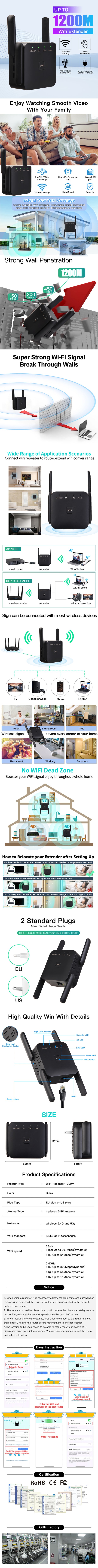 FENVI 5Ghz 1200Mbps WiFi Repeater Router WiFi Extender Amplifier Dual-Band 2.4G/5GHz Long Range Network Wi-Fi Signal Booster AP