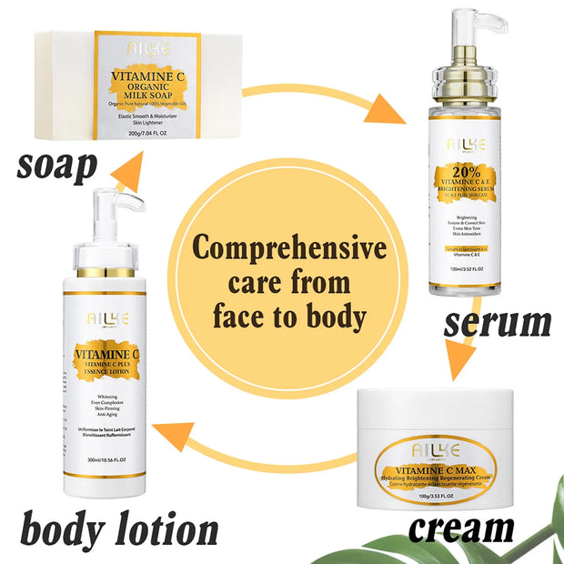 AILKE Vitamin C Skin Care Set, with Lightening Body Lotion, Even Skin Tone Face Cream, Whitening Serum, Brightening Soap