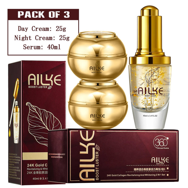 AILKE 24K Collagen Facial Whitening Set, Reduce Black Spots, Freckles, Brightening, Moisturizing Beauty Set For All Skin Types