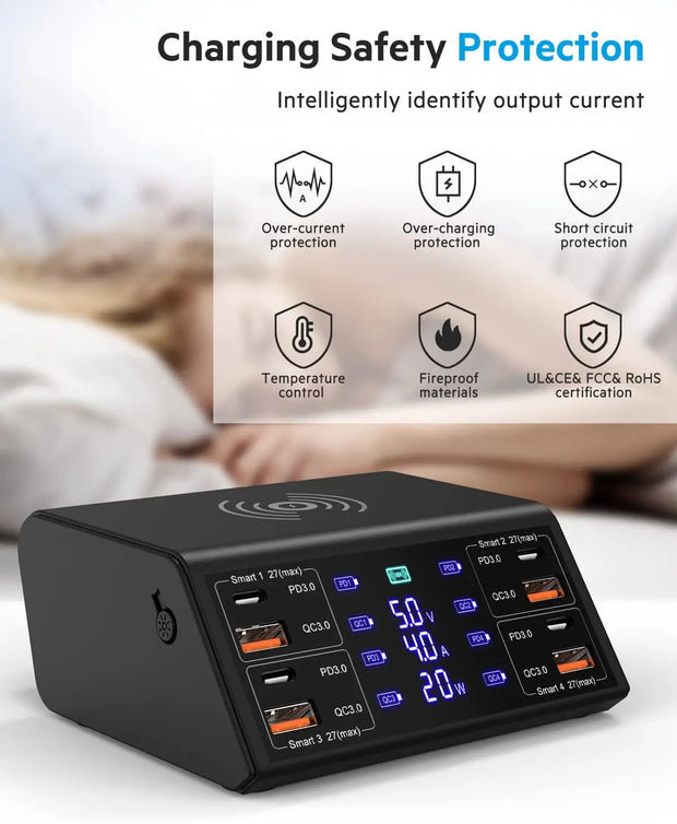 120W 8 Ports USB Charger Station With Wireless Charging Digital Display Screen QC3.0 PD3.0 Quick Charge For iPhone 15 14 Xiaomi