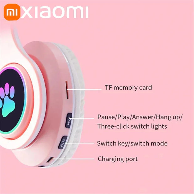 Xiaomi Wireless Headphone LED Dazzling lamp Cute Cat HIFI Stereo Music Helmet Phone Bluetooth Headset with Mic Christmas Gift