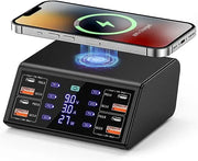 120W 8 Ports USB Charger Station With Wireless Charging Digital Display Screen QC3.0 PD3.0 Quick Charge For iPhone 15 14 Xiaomi