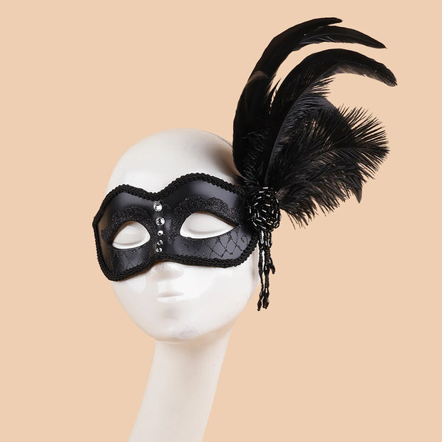 Halloween Mask Cocktail Feather Theme Party Masquerade Diamond Hair Ornaments Tassel Cosplay Costume for Women Ladies Wear