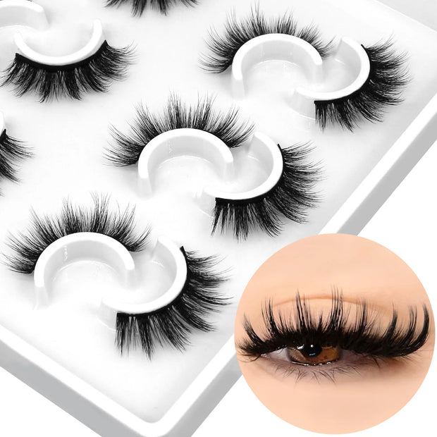 GROINNEYA 3D Natural False Lashes Cat Eye Eyelashes Fluffy Soft Cross 6 Pairs Manga Lashes Wispy Natural Eyelash Extension