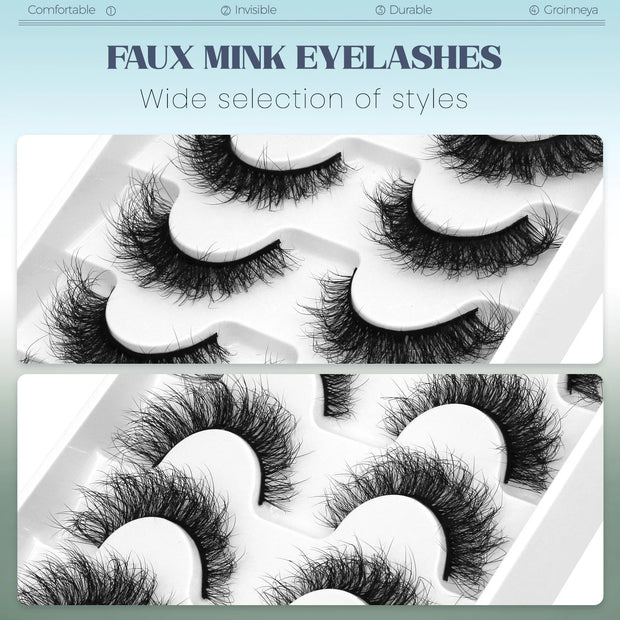 GROINNEYA Fake Lashes Fluffy Cat Eye Lashes 8D Fluffy Volume False Eyelashes D Curl Dramatic Thick Full Strip Faux Mink Lashes