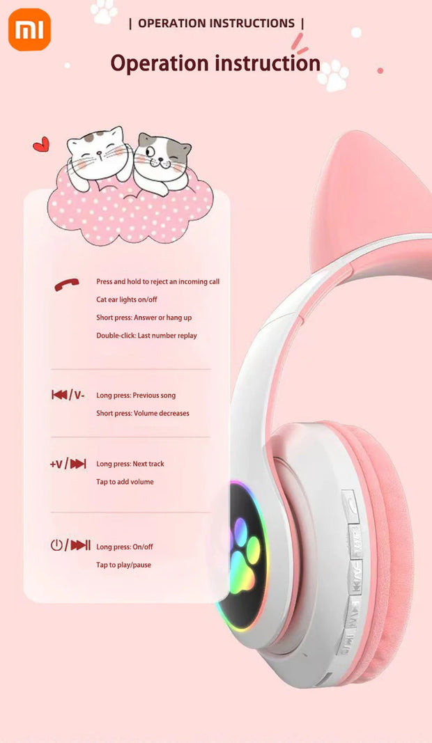Xiaomi Wireless Headphone LED Dazzling lamp Cute Cat HIFI Stereo Music Helmet Phone Bluetooth Headset with Mic Christmas Gift