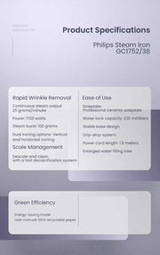 Philips Steam Iron GC1752/38 1700W 220V Iron Ceramic base plate The wire is 1.9 meters long 220ml capacity