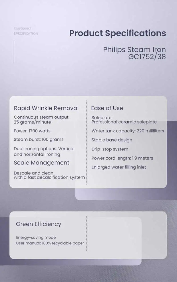 Philips Steam Iron GC1752/38 1700W 220V Iron Ceramic base plate The wire is 1.9 meters long 220ml capacity