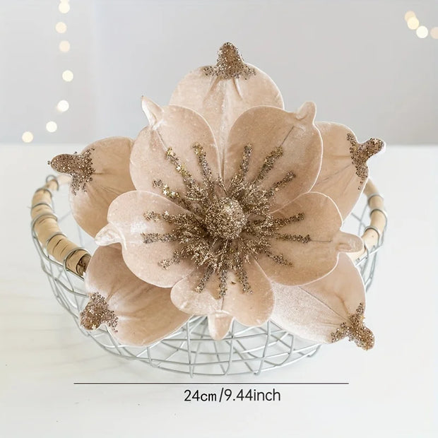 Christmas Tree Poinsettia Flower Cream White Velvet Magnolia Artificial Floral Ornaments for Xmas Decoration Wedding Centerpiece