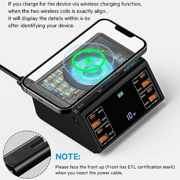 120W 8 Ports USB Charger Station With Wireless Charging Digital Display Screen QC3.0 PD3.0 Quick Charge For iPhone 15 14 Xiaomi