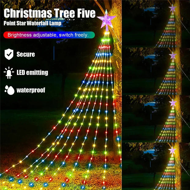 2025 New Year Decoration Christmas Fairy String Lights Outdoor USB Remote Stars Waterfall Garden Lights for Home Party Wedding