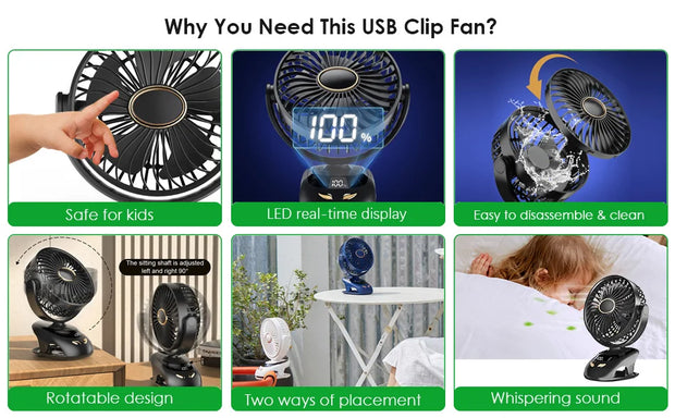 Small Desk Clip On Fan, Portable Personal USB Clip Fan For Home Office Travel Bed Stroller Camping Outdoor Golf Cart Fan