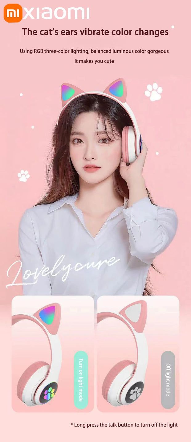 Xiaomi Wireless Headphone LED Dazzling lamp Cute Cat HIFI Stereo Music Helmet Phone Bluetooth Headset with Mic Christmas Gift