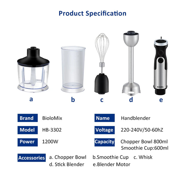 BioloMix 1200W 5-in-1 Immersion Hand Stick Blender Mixer Vegetable Meat Grinder 800ml Chopper Whisk 600ml Smoothie Cup
