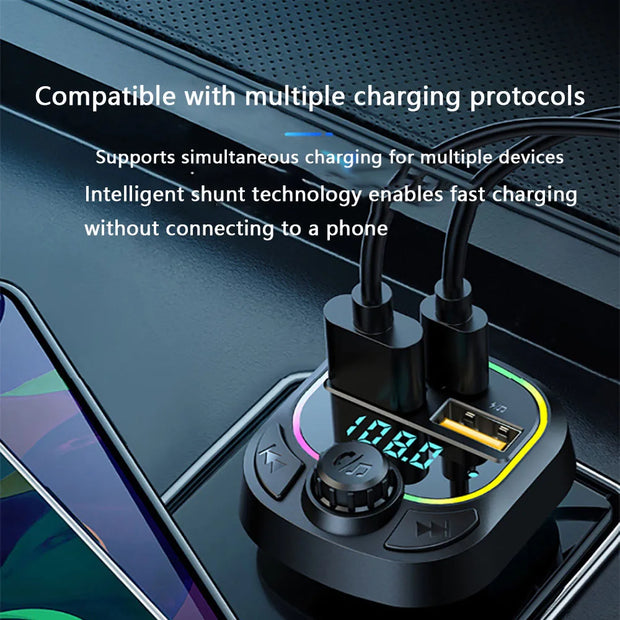 Car Charger Bluetooth 5.0 FM Transmitter PD Type-C Dual USB Ambient Player MP3 Charger Type-C Wireless Light Handsfree