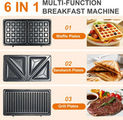 6 in 1 Waffle Iron Set, Panini Press Grill and Electric Sandwich Maker with Removable Non-Stick Plate, Ideal for Cooking Grilled