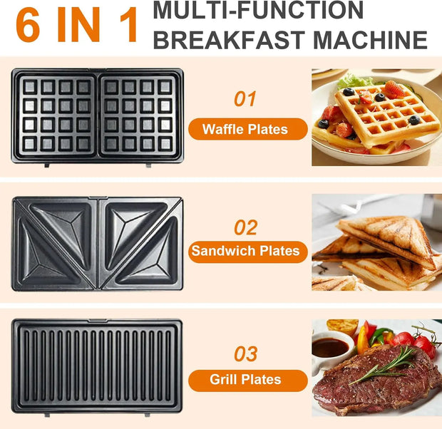 6 in 1 Waffle Iron Set, Panini Press Grill and Electric Sandwich Maker with Removable Non-Stick Plate, Ideal for Cooking Grilled