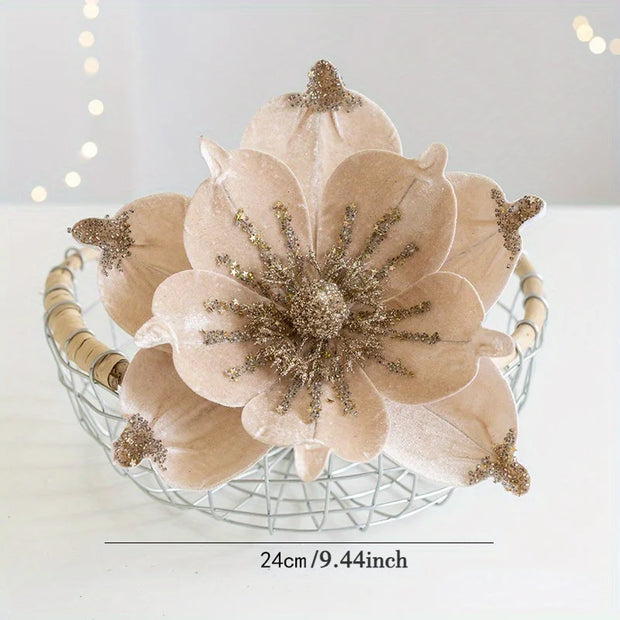 Christmas Tree Poinsettia Flower Cream White Velvet Magnolia Artificial Floral Ornaments for Xmas Decoration Wedding Centerpiece