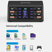 120W 8 Ports USB Charger Station With Wireless Charging Digital Display Screen QC3.0 PD3.0 Quick Charge For iPhone 15 14 Xiaomi