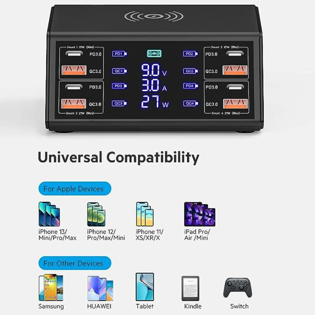 120W 8 Ports USB Charger Station With Wireless Charging Digital Display Screen QC3.0 PD3.0 Quick Charge For iPhone 15 14 Xiaomi