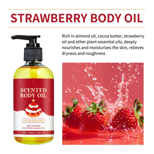 100ml Body Oil Deep Nourishing Moisturizing Dry Skin Relief Plant Essential Oils for Skincare Massage, Strawberry Pie Scent