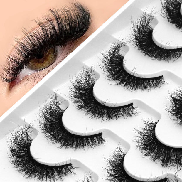GROINNEYA Fake Lashes Fluffy Cat Eye Lashes 8D Fluffy Volume False Eyelashes D Curl Dramatic Thick Full Strip Faux Mink Lashes