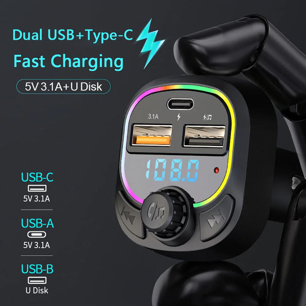 Car Charger Bluetooth 5.0 FM Transmitter PD Type-C Dual USB Ambient Player MP3 Charger Type-C Wireless Light Handsfree