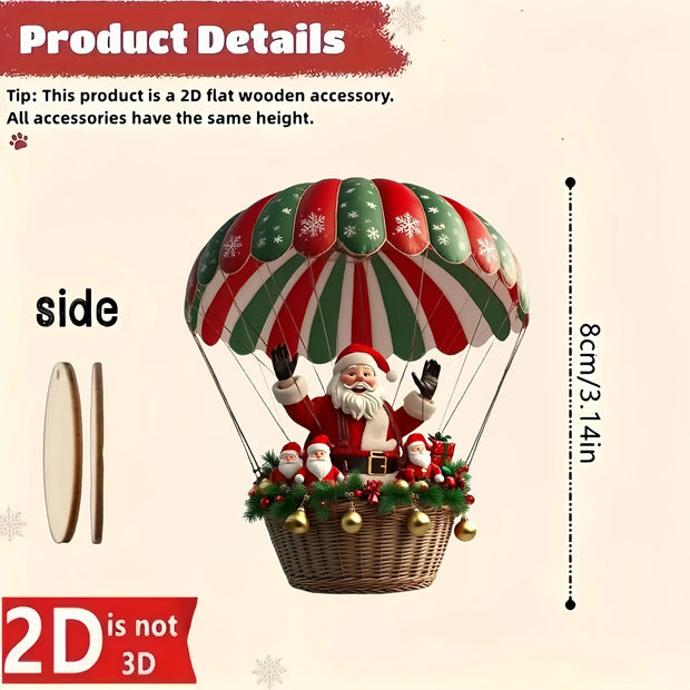 10Pcs Christmas Wooden Hot Air Balloon Santa Claus 2D Flat Wooden Pendant Christmas Tree Decoration Perfect Holiday Gift Decor