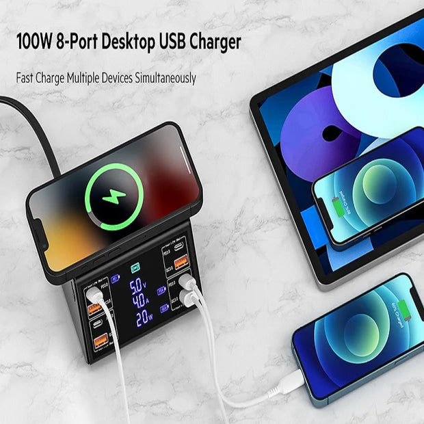 120W 8 Ports USB Charger Station With Wireless Charging Digital Display Screen QC3.0 PD3.0 Quick Charge For iPhone 15 14 Xiaomi