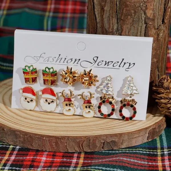 12/20 Pair Christmas Earring Set For Women Shiny Crystal Zircon Snowflake Elk Bowknot Elk Xmas Tree Earring Girl New Year Gifts