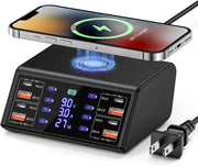 120W 8 Ports USB Charger Station With Wireless Charging Digital Display Screen QC3.0 PD3.0 Quick Charge For iPhone 15 14 Xiaomi