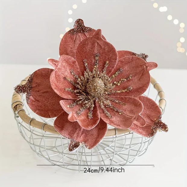 Christmas Tree Poinsettia Flower Cream White Velvet Magnolia Artificial Floral Ornaments for Xmas Decoration Wedding Centerpiece