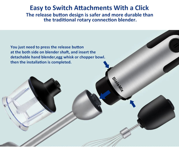 BioloMix 1200W 5-in-1 Immersion Hand Stick Blender Mixer Vegetable Meat Grinder 800ml Chopper Whisk 600ml Smoothie Cup