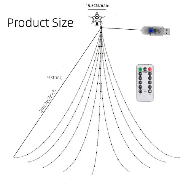 2025 New Year Decoration Christmas Fairy String Lights Outdoor USB Remote Stars Waterfall Garden Lights for Home Party Wedding