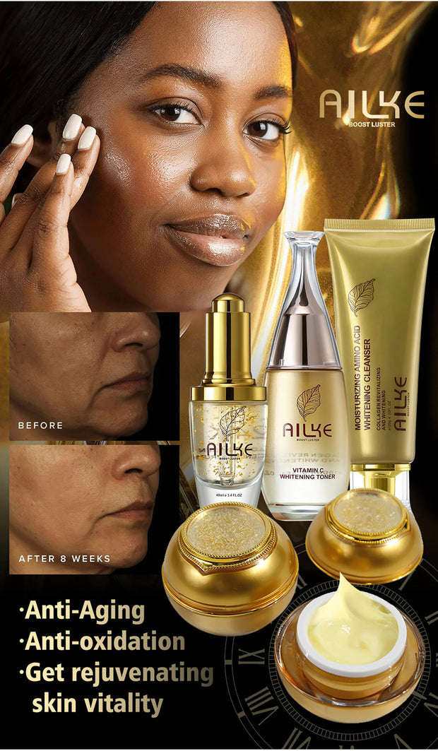 AILKE 24K Collagen Facial Whitening Set, Reduce Black Spots, Freckles, Brightening, Moisturizing Beauty Set For All Skin Types