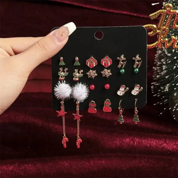 12/20 Pair Christmas Earring Set For Women Shiny Crystal Zircon Snowflake Elk Bowknot Elk Xmas Tree Earring Girl New Year Gifts