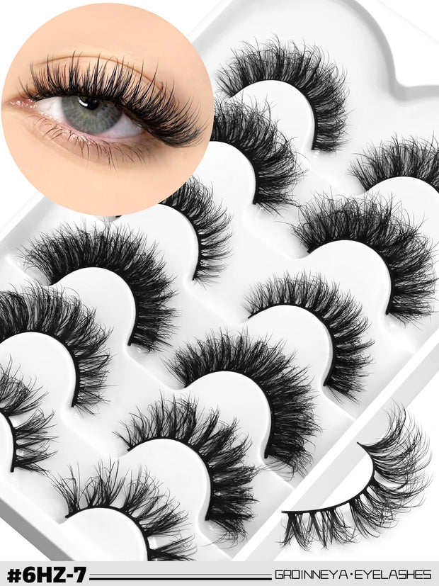 GROINNEYA 3D Mink Lashes Cat Eyelashes Fluffy Wispy Volume Lashes Natural Feathery Effect Lightweight Flexible Band Fake Lashes